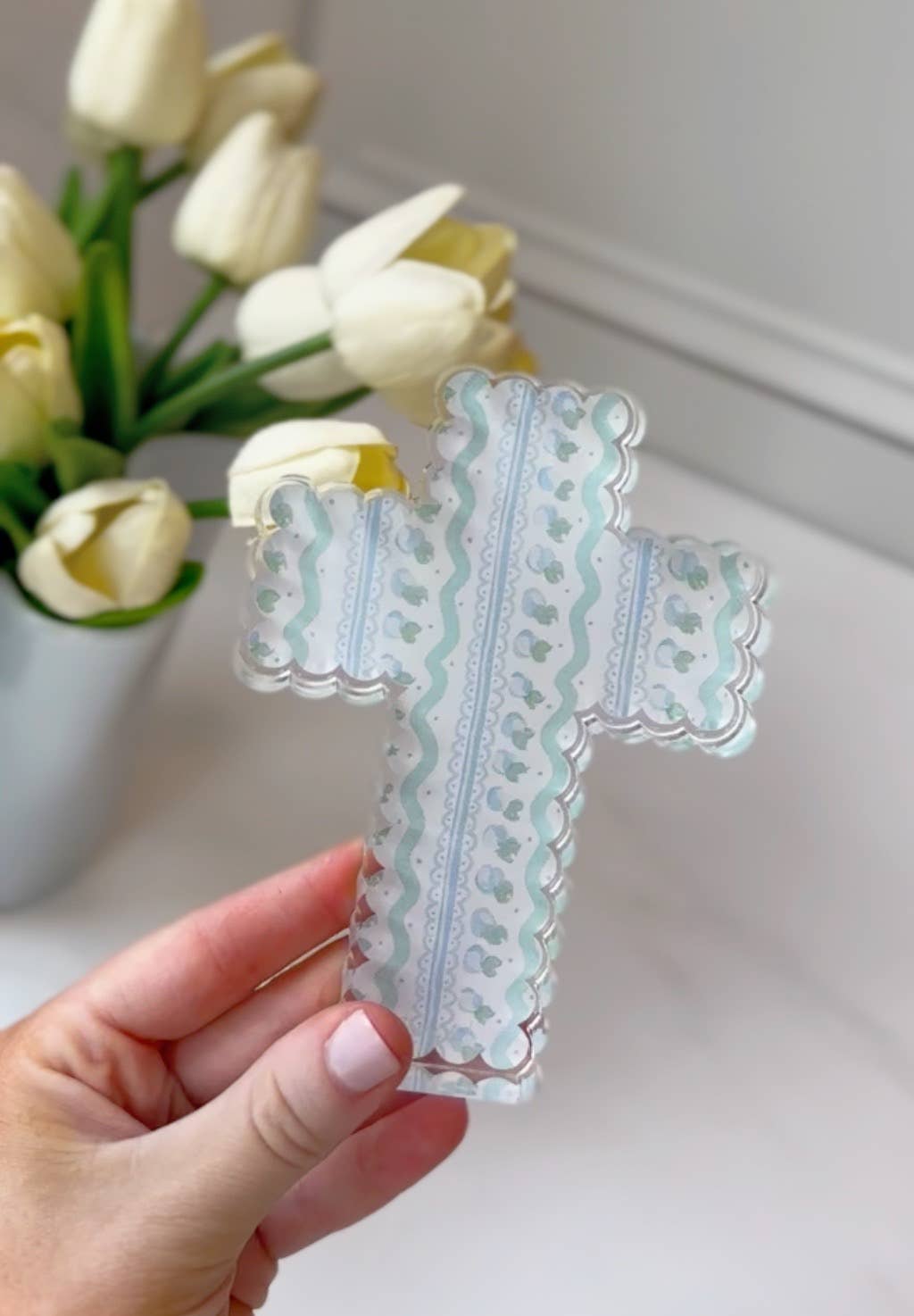 Blue Pattern Scalloped Acrylic Cross Block