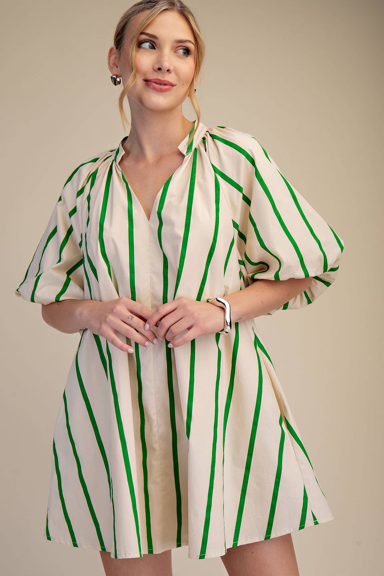 Puff-Sleeve Green Stripe Mini Shift Dress