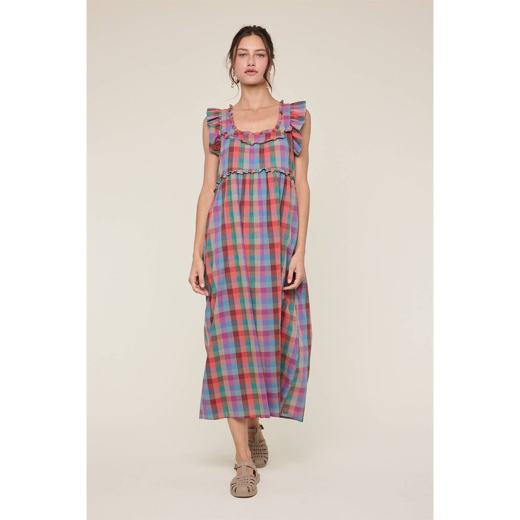MULTICOLOR PLAID MIDI DRESS