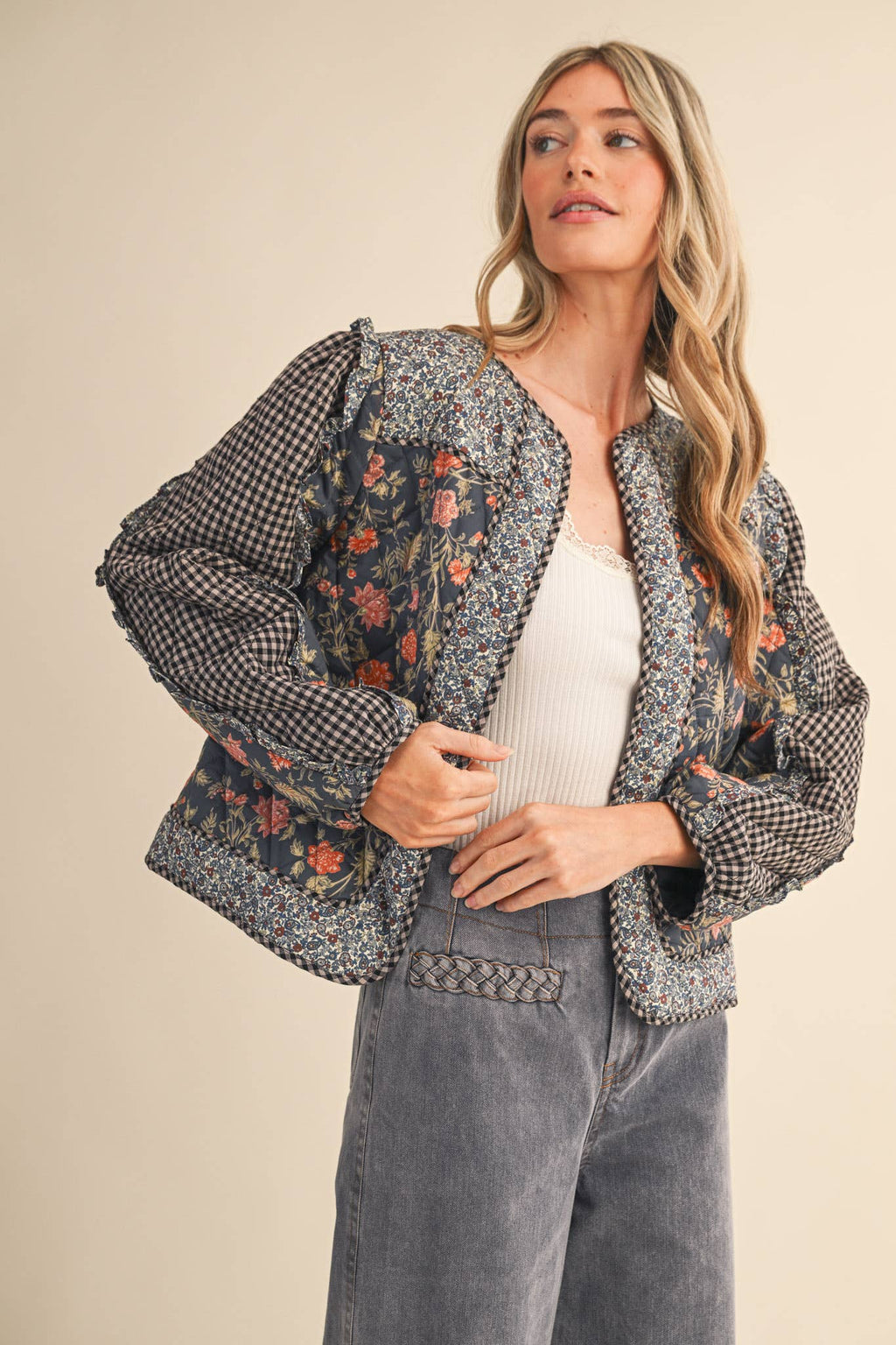 BURGUNDY MIXED PRINT QUILTED JACKET WITH RUFFLE TRIM
