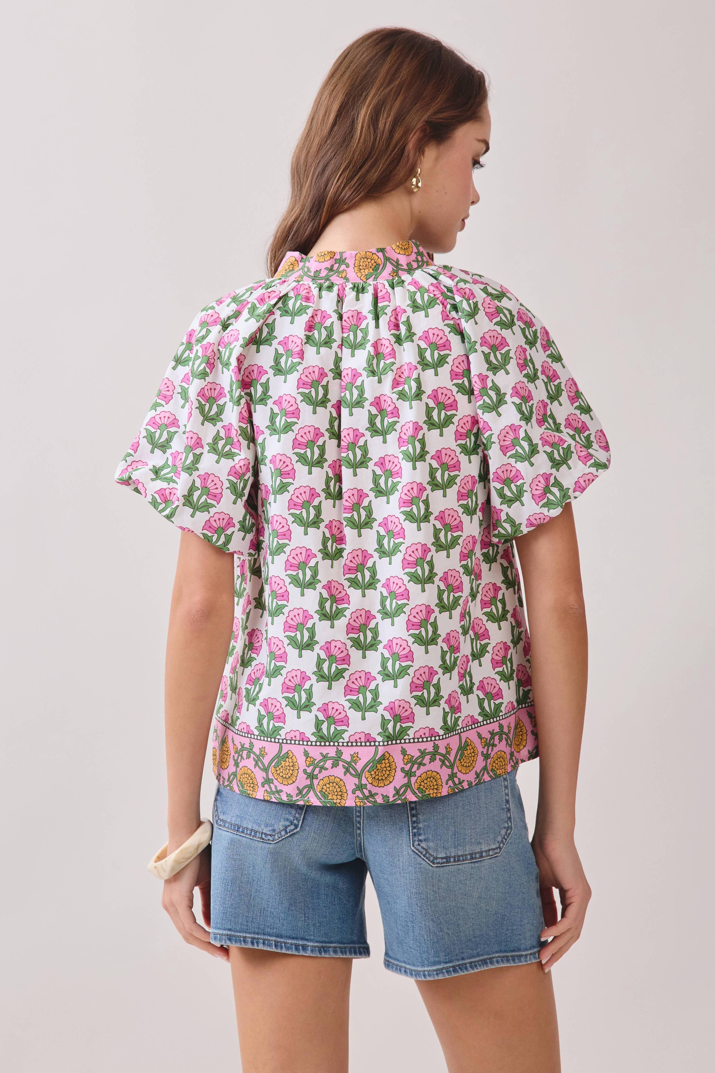 Floral Print Bubble Sleeves Split Neckline Top + Skirt Set