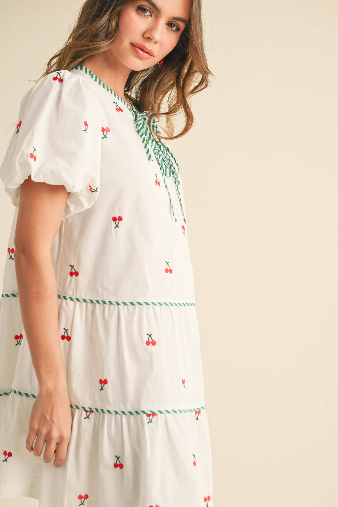 CHERRY EMBROIDERY PUFF SLEEVE MINI DRESS