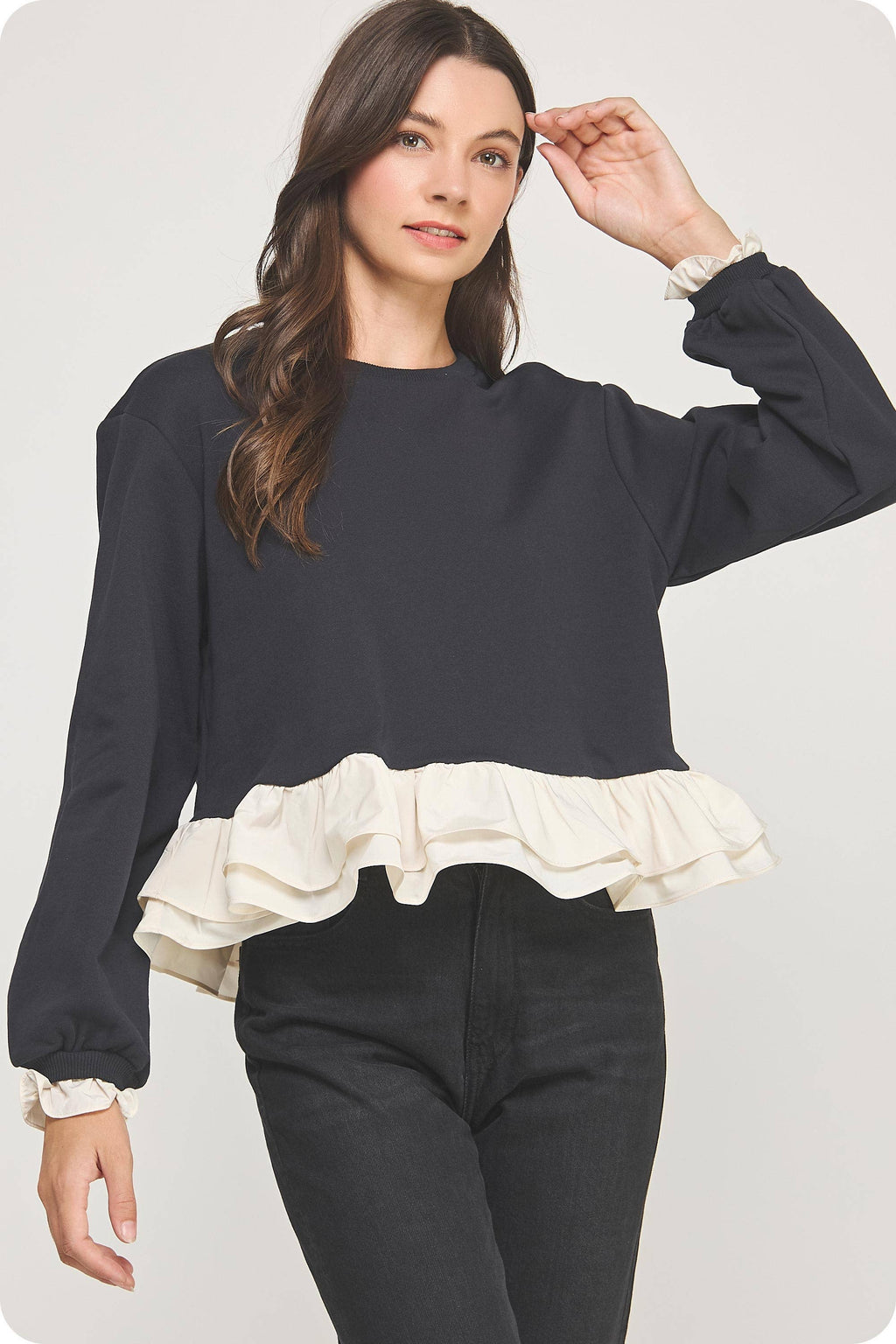 Contrast Ruffle Hem Crewneck Sweatshirt