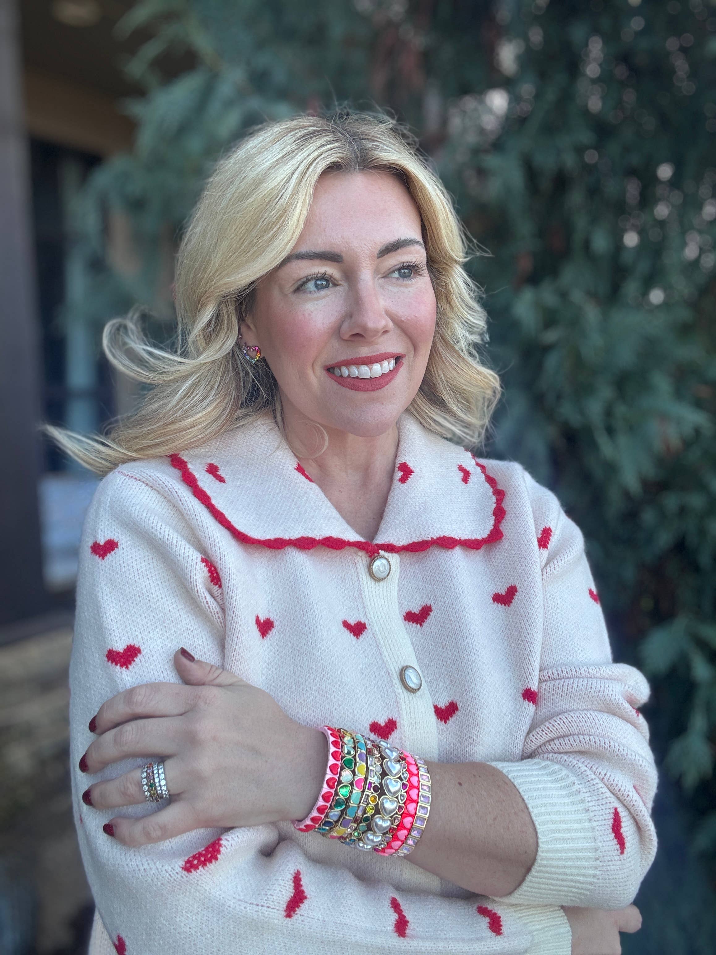Hartley | Stretch Bracelet | Red Enamel w/Pink Bead Hearts