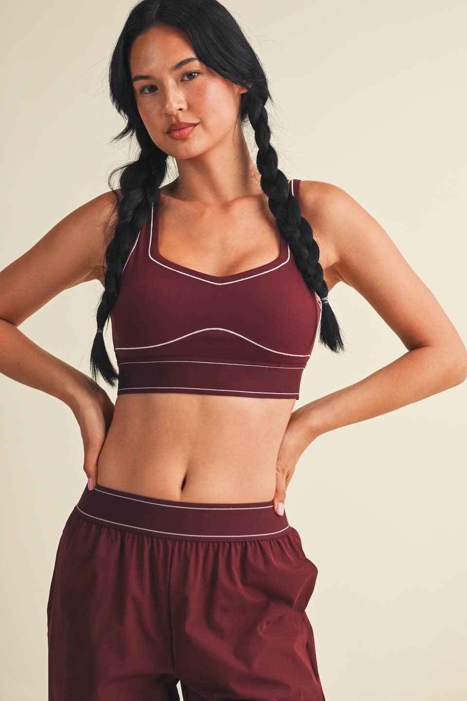 Burgundy Contrast Thread Sports Bra