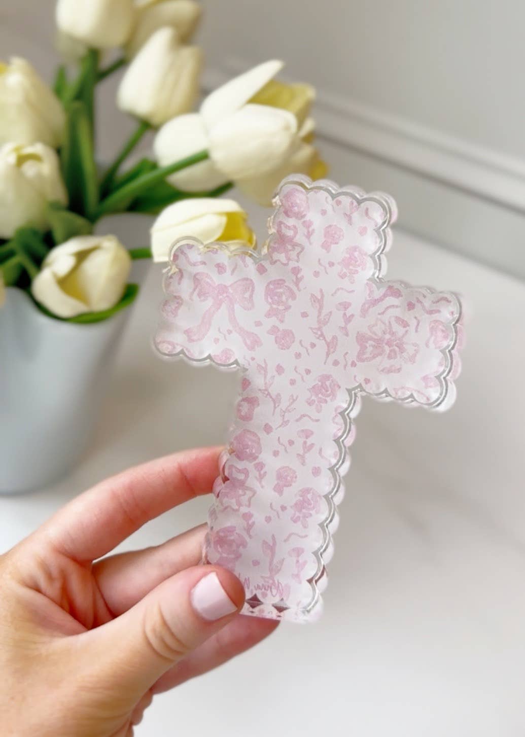 Pink Chinoiserie Scalloped Acrylic Cross Block