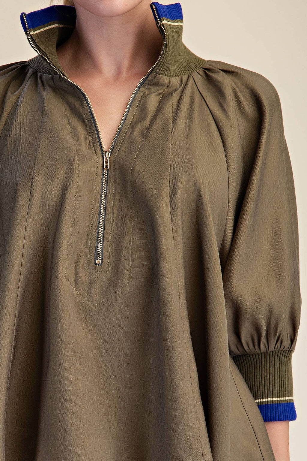 Navy Mock Neck Band Puff Sleeve Blouse