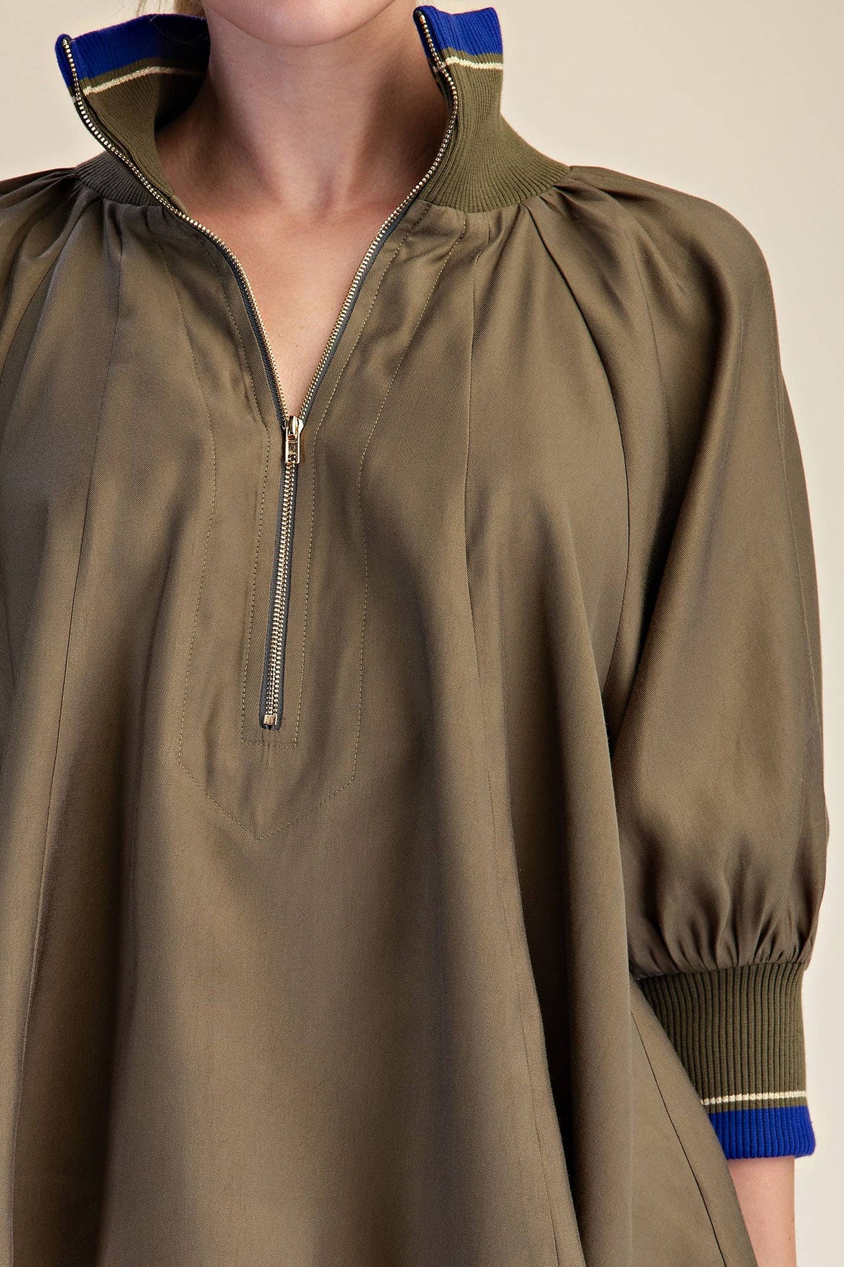 Navy Mock Neck Band Puff Sleeve Blouse