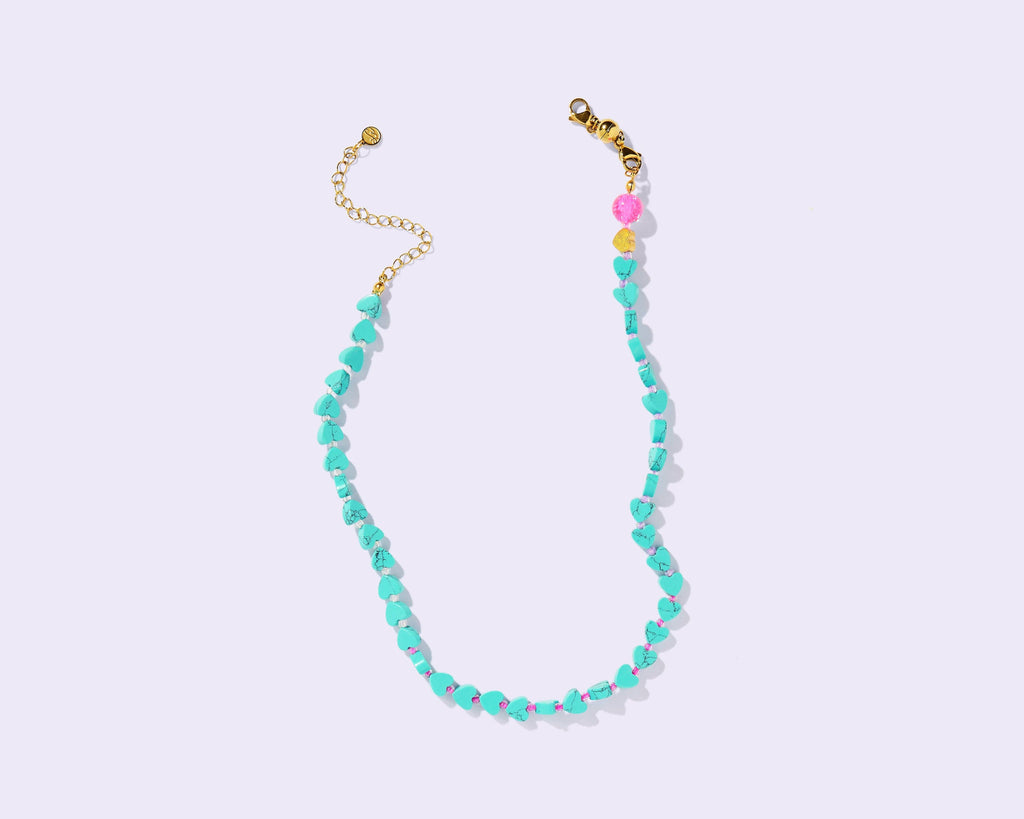 Janey Beaded Necklace | Marbled Turquoise Hearts + Pink