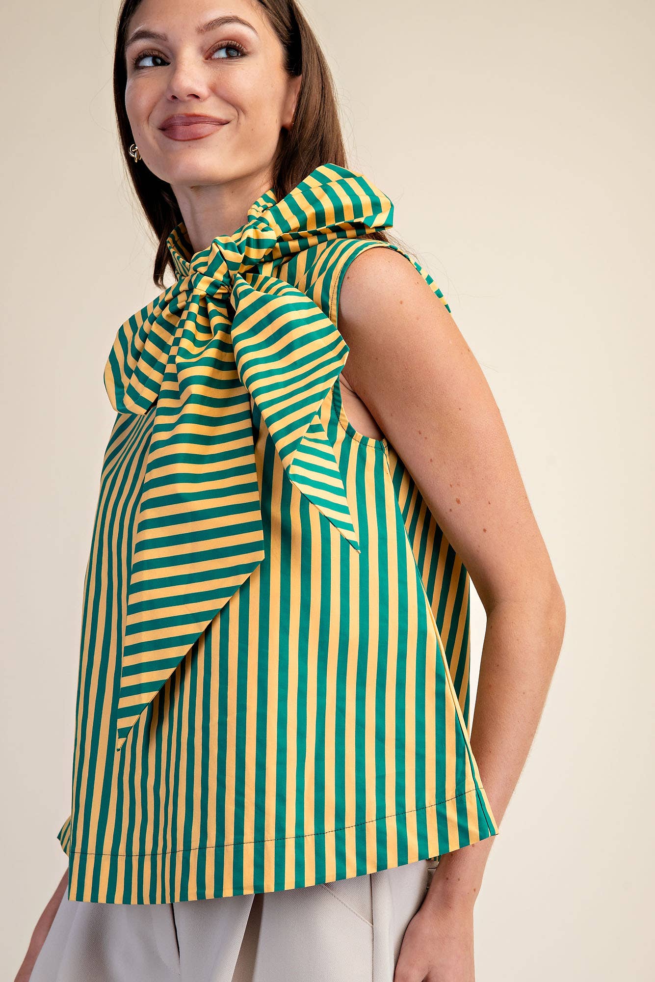 Green & Gold Tie Neck Sleeveless Stripe Top