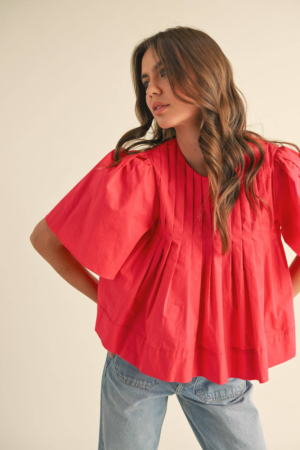 PLEATED SHORT SLEEVE TOP CERISE PINK