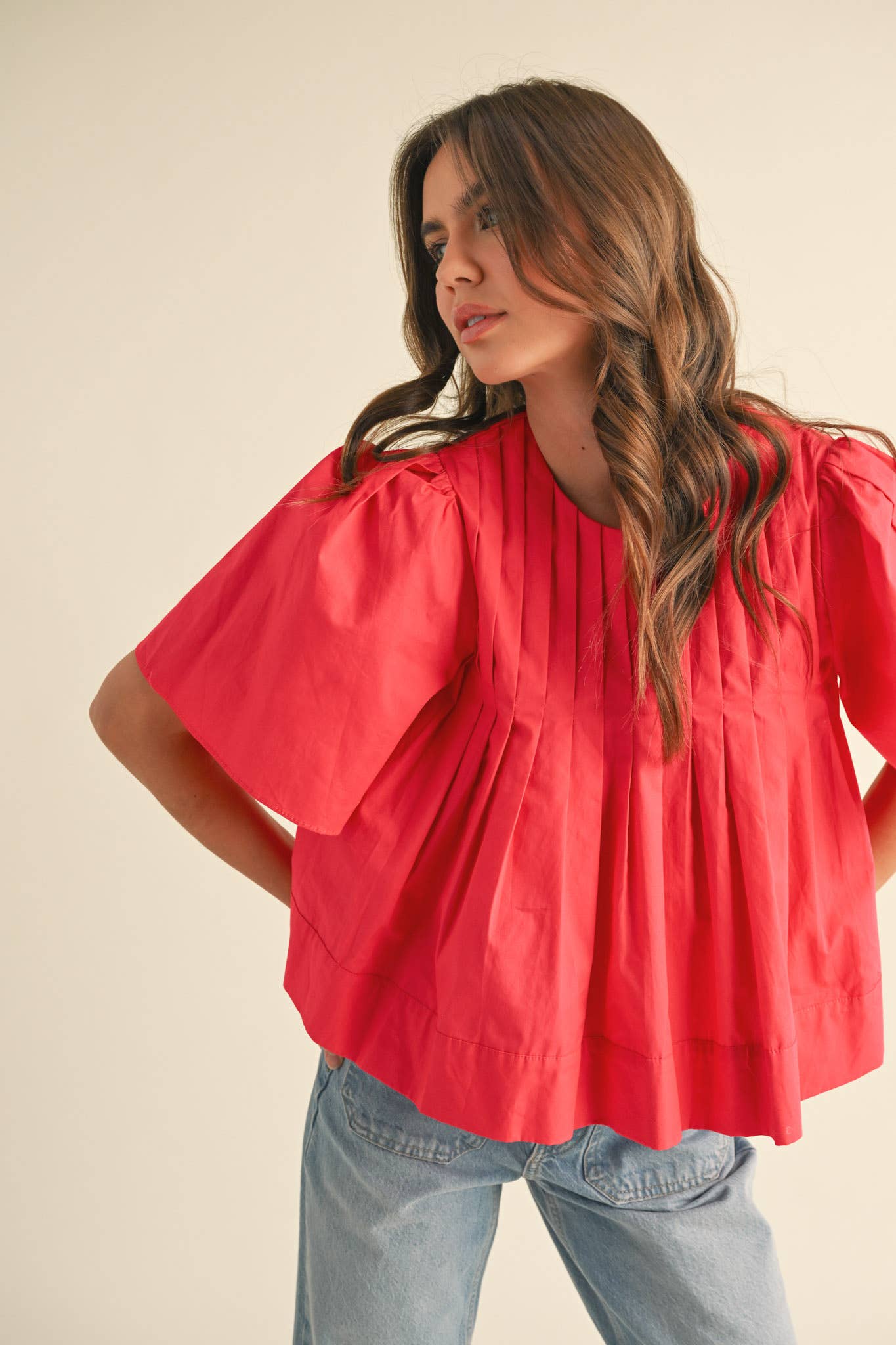 PLEATED SHORT SLEEVE TOP CERISE PINK