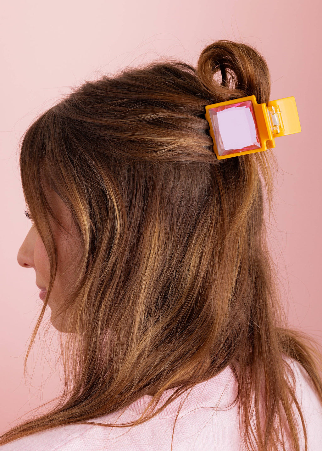 Large Claw Hair Clip - Orange w/ Pink Square Gemstones