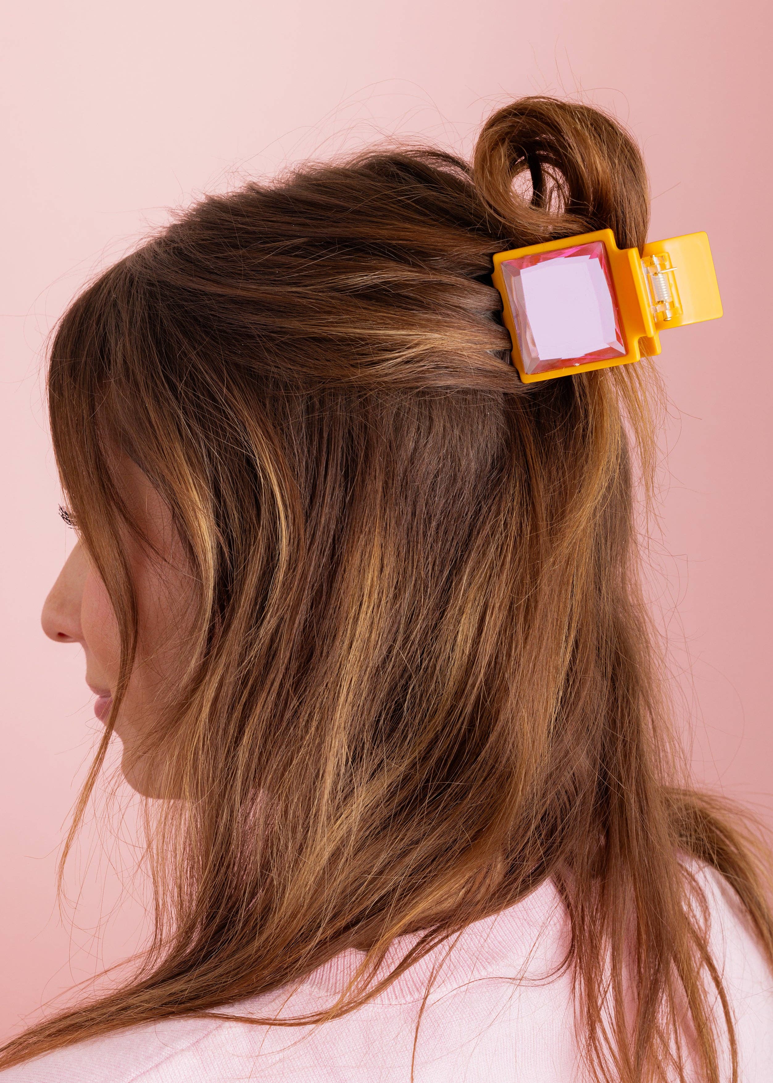 Large Claw Hair Clip - Orange w/ Pink Square Gemstones