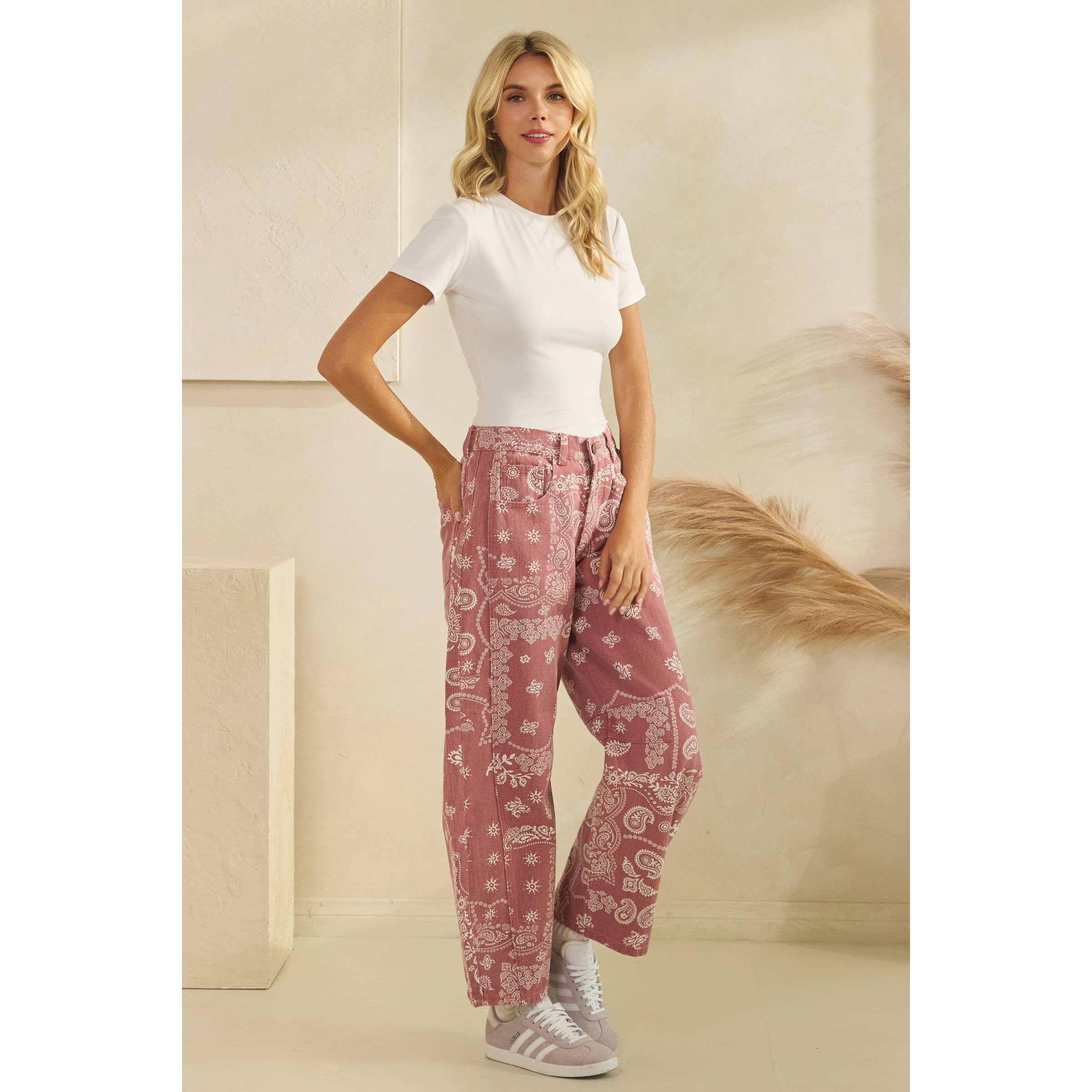 Paisley Printed Denim Pants | Red