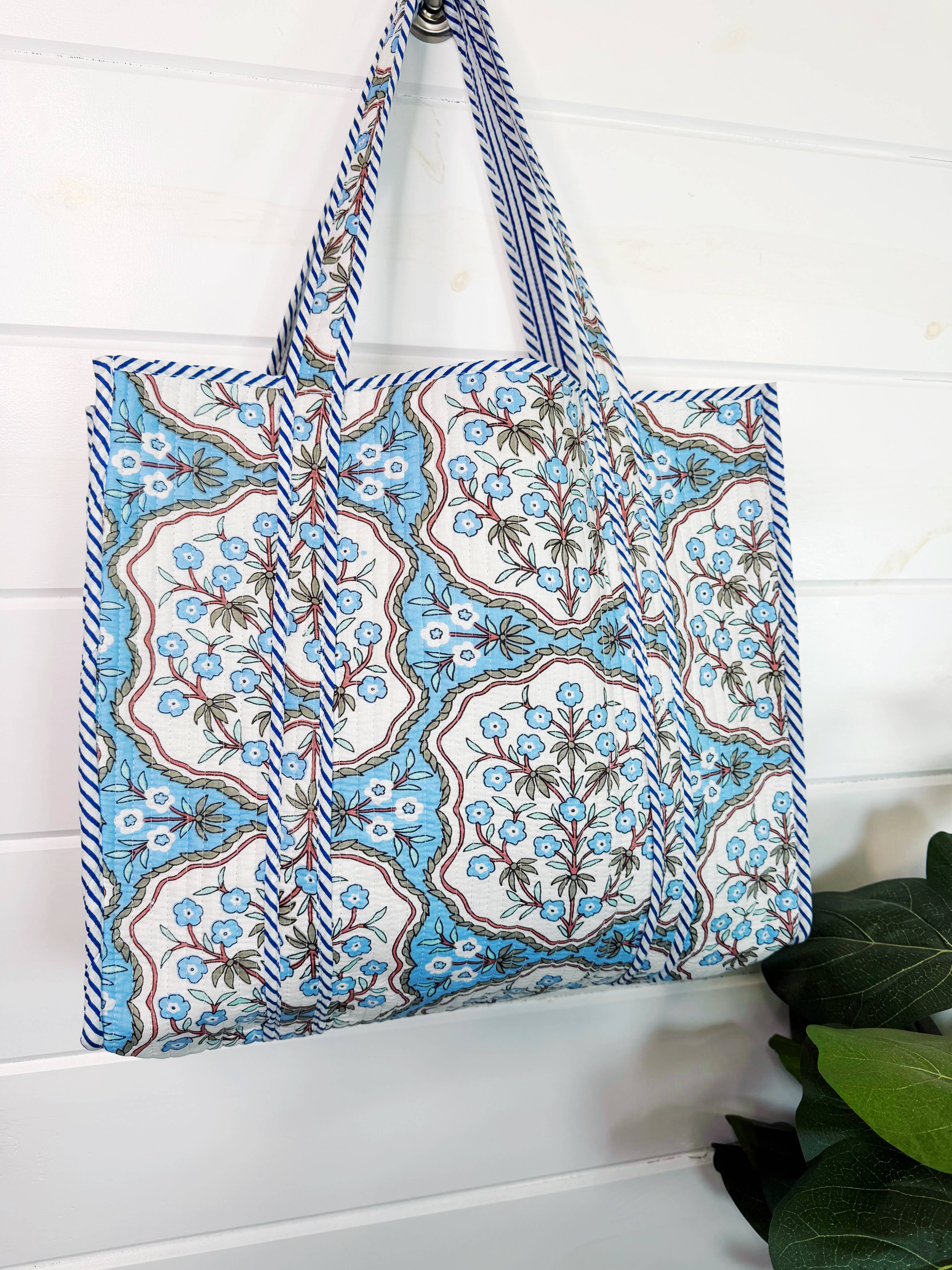 Tote Bags Quilted | Large Travel Tote | Blue Petals Print