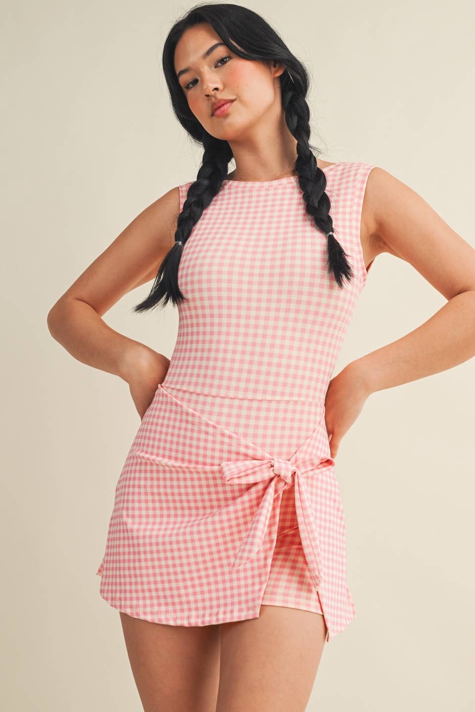 Pink Gingham Print Sleeveless Wrap Tie Front Dress
