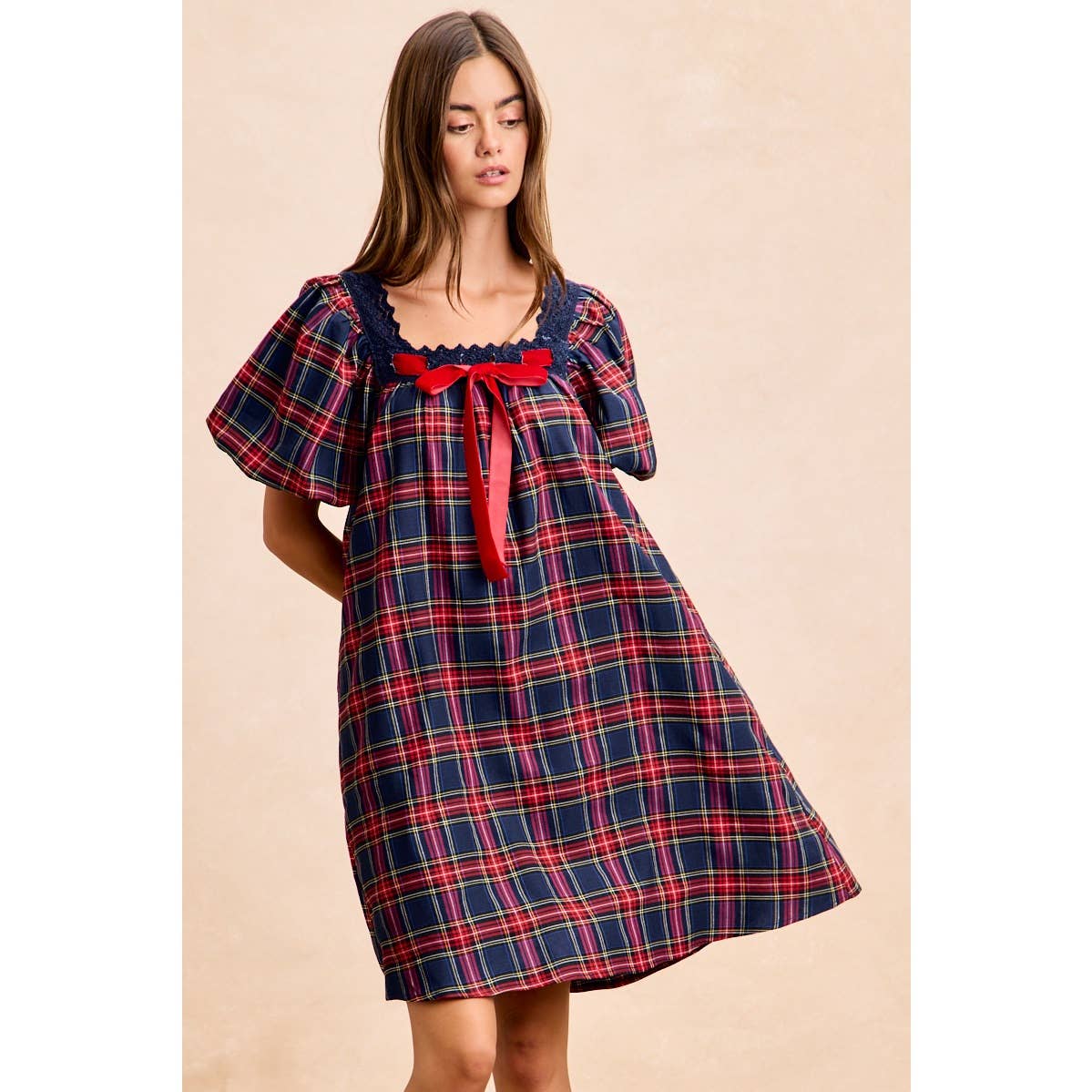 CHRISTMAS PLAID BALLOON SLEEVES SQUARED NECK DRESS