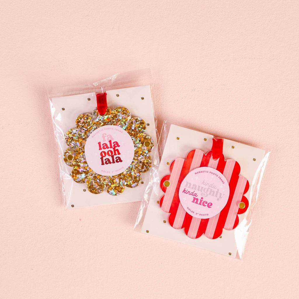 Scalloped Round Picture Frame Ornament-Peppermint Stripes