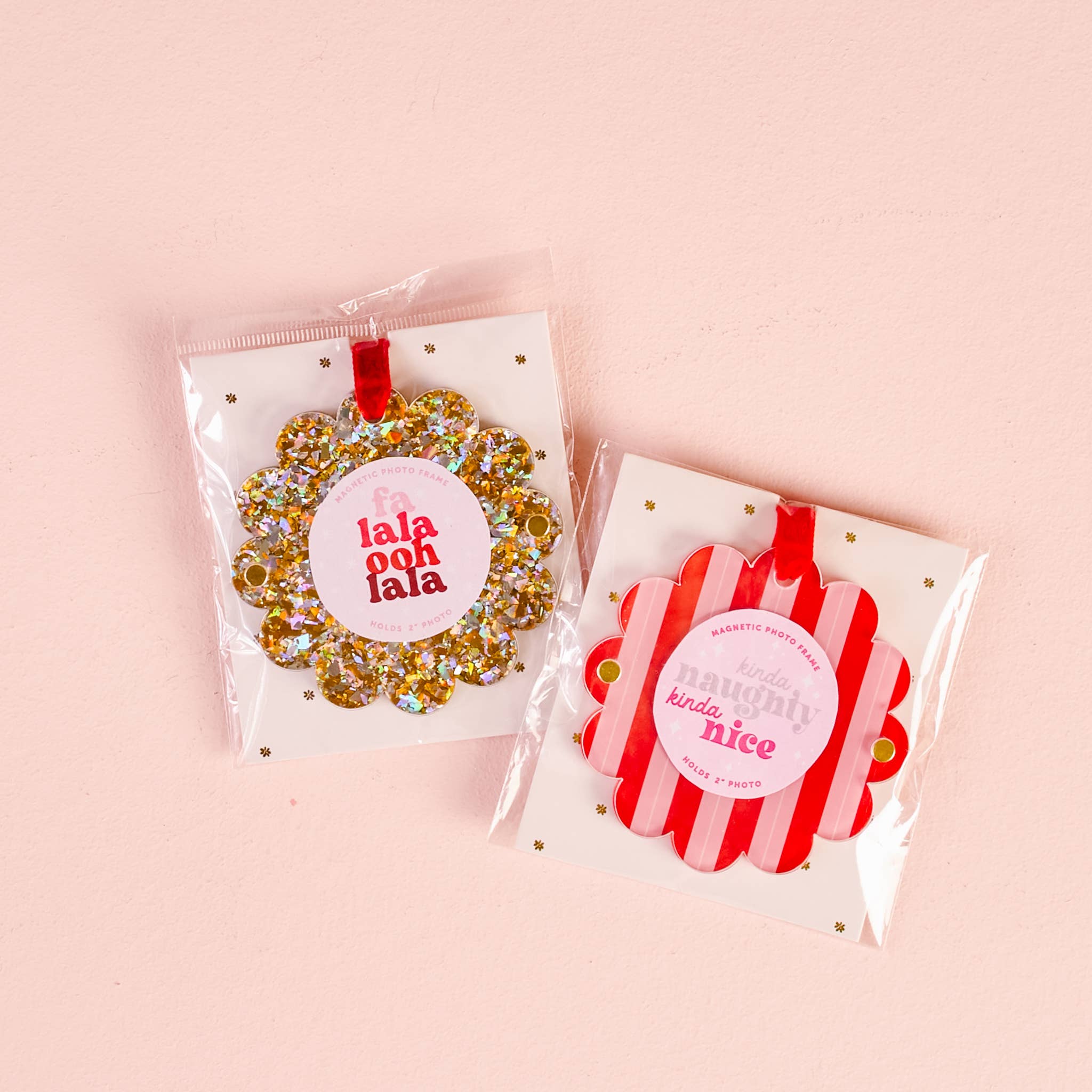 Scalloped Round Picture Frame Ornament-Peppermint Stripes