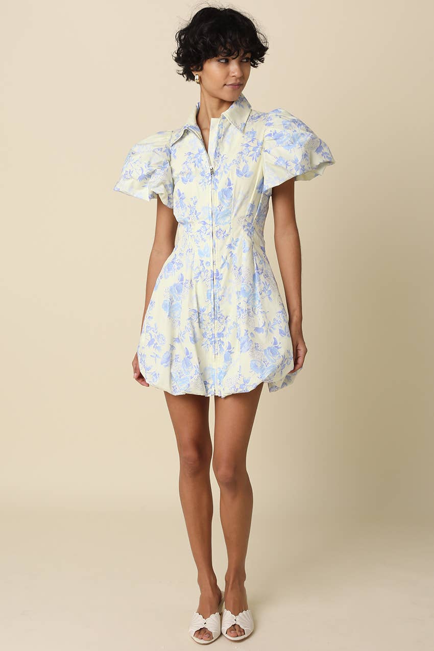 Elain Puff-Sleeve Floral Mini Bubble Dress | Cream Blue