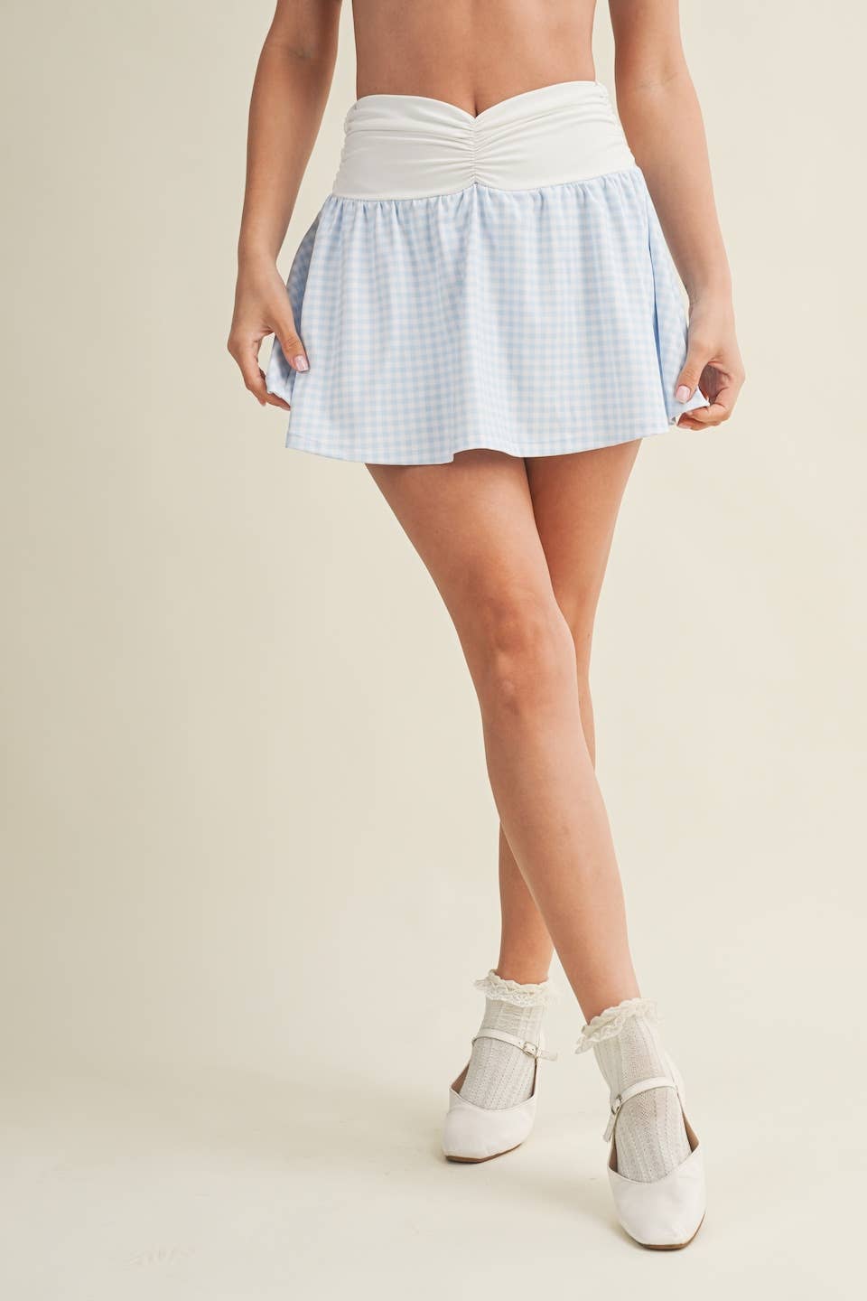 Gingham Print Ruched Waistband Mini Skort | Blue Gingham