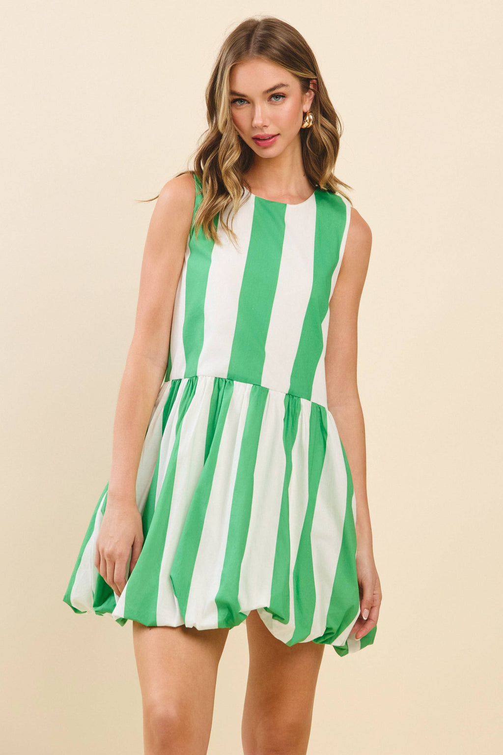 Bold Green Vertical Stripes Gathered Drop Waist Dress
