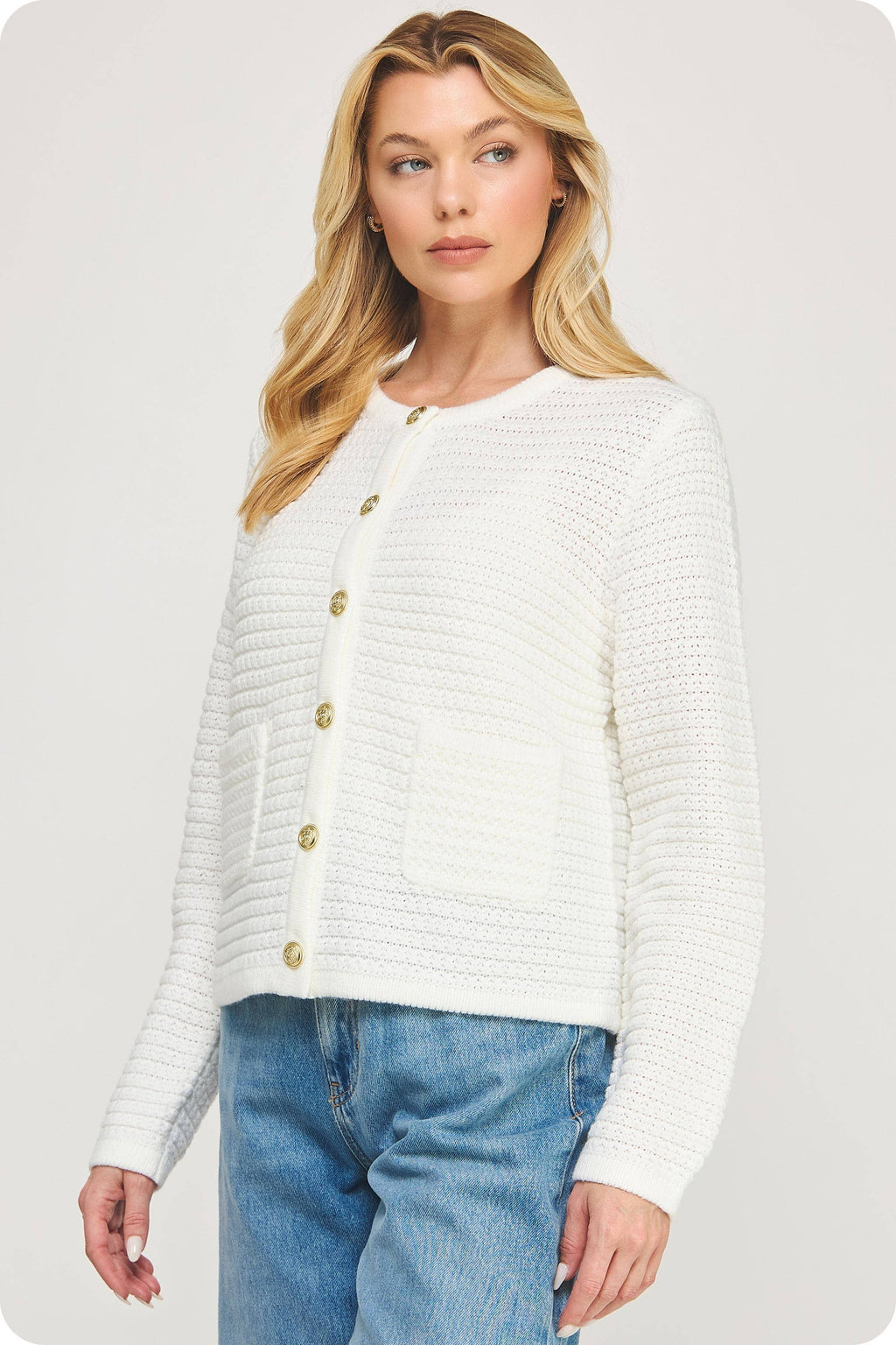 Textured Knit Cardigan: Off White