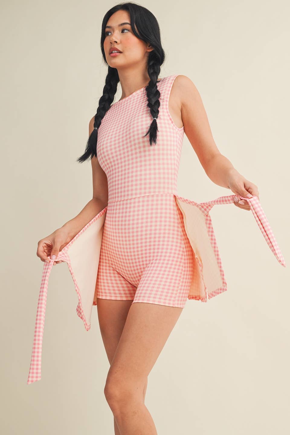 Pink Gingham Print Sleeveless Wrap Tie Front Dress