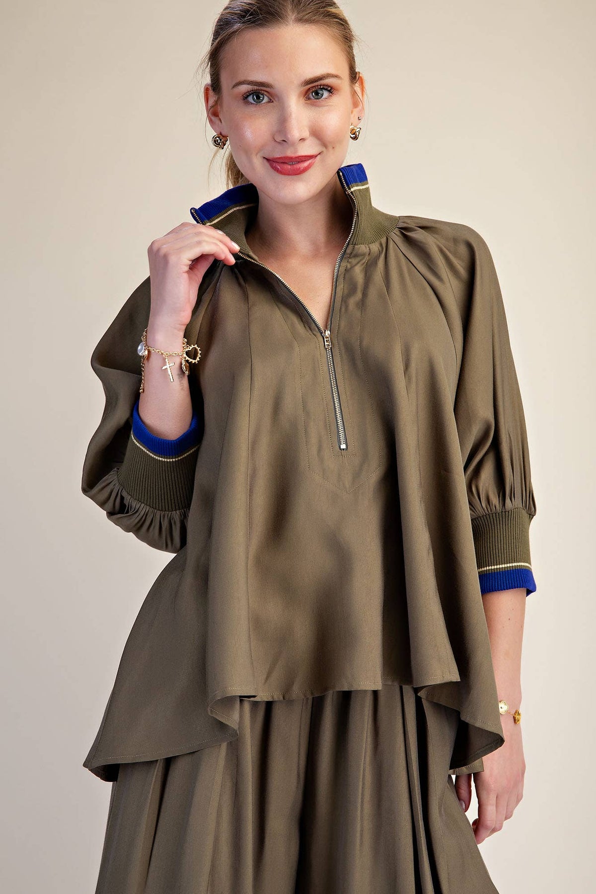 Navy Mock Neck Band Puff Sleeve Blouse