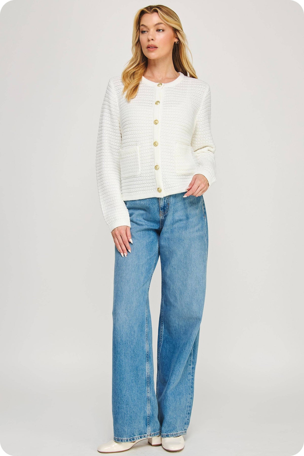 Textured Knit Cardigan: Off White