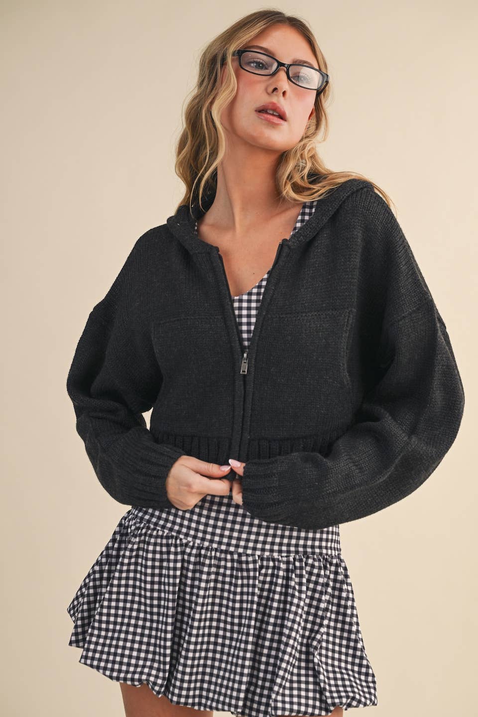 Knit Zip Up Hoodie Sweater: Black