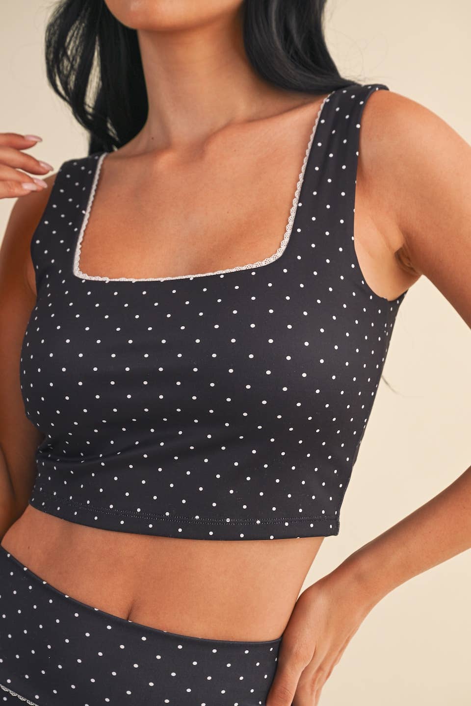 Black Polka Dot Print Crop Tank with Lace Trim