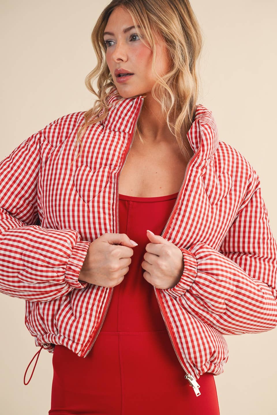Red Gingham Print Puffer Jacket with Heart Shaped Quilting