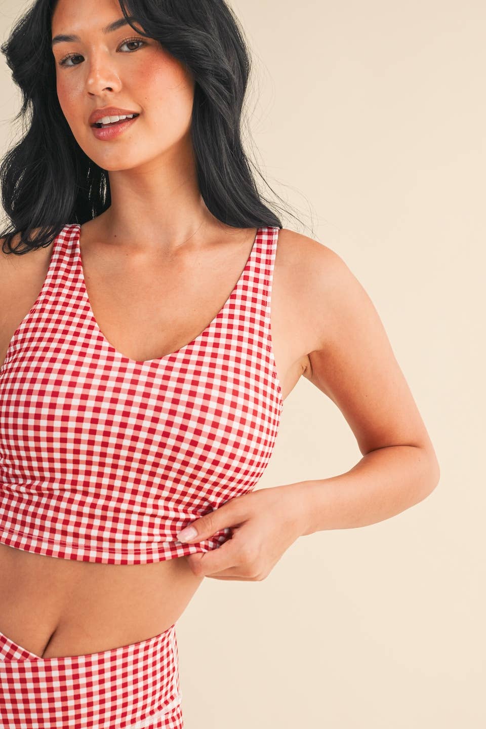 Red Gingham Print Aligned Performance Cropped Tank Top