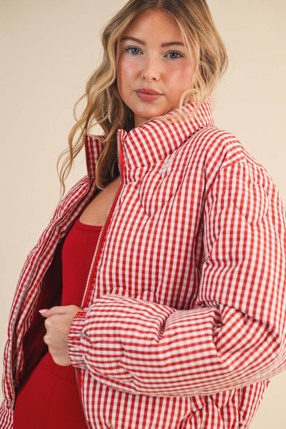 Red Gingham Print Puffer Jacket with Heart Shaped Quilting