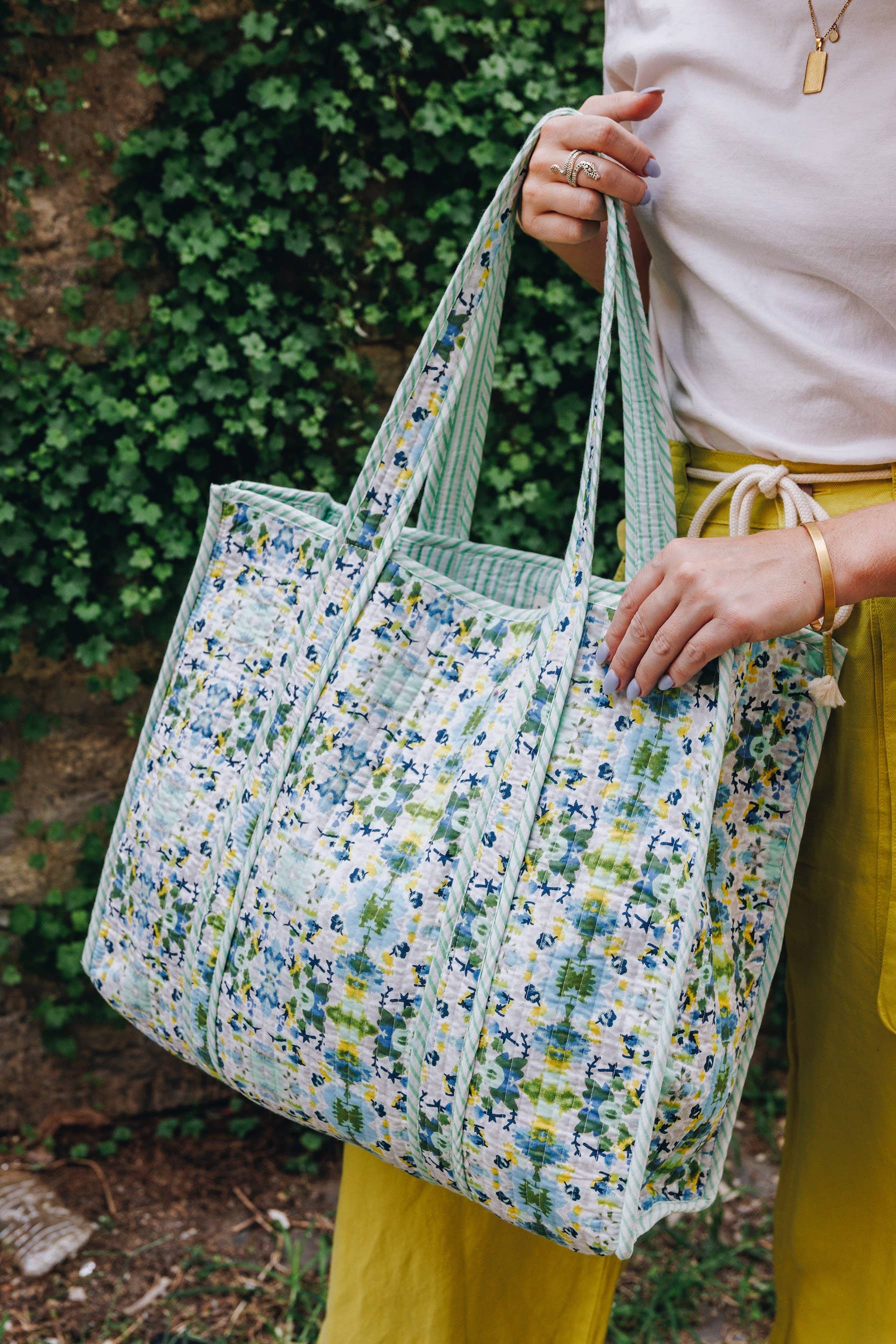 Large Tote Bags | Handmade Quilted Tote | Aqua Tie Dye