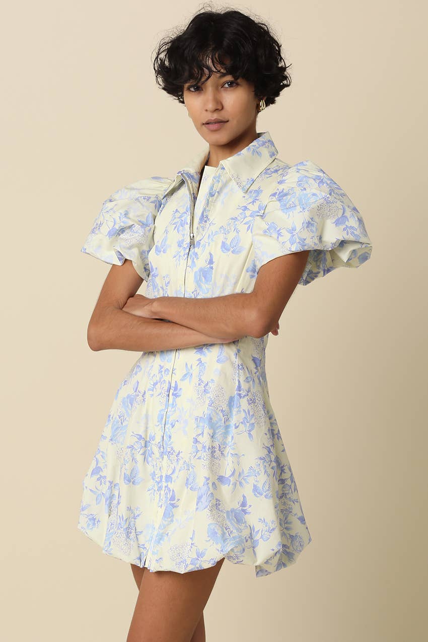 Elain Puff-Sleeve Floral Mini Bubble Dress | Cream Blue