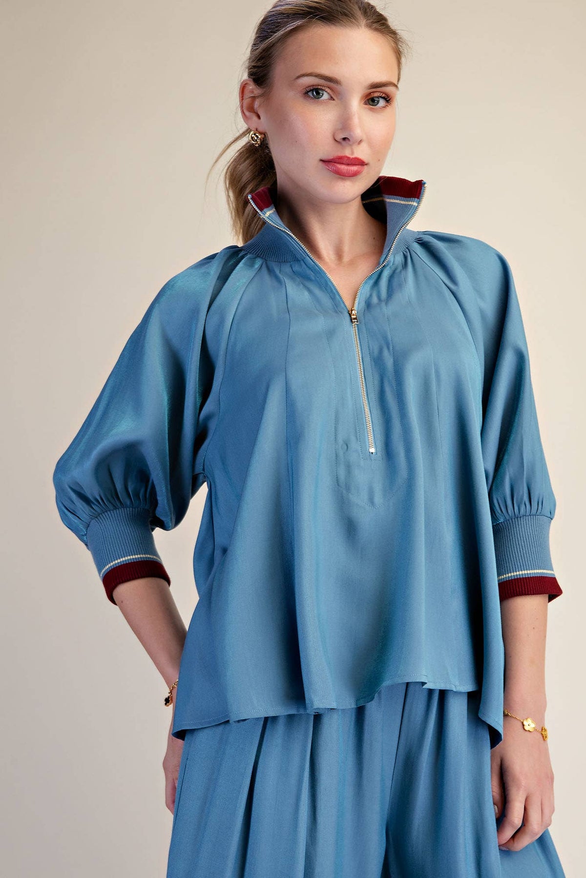 Navy Mock Neck Band Puff Sleeve Blouse