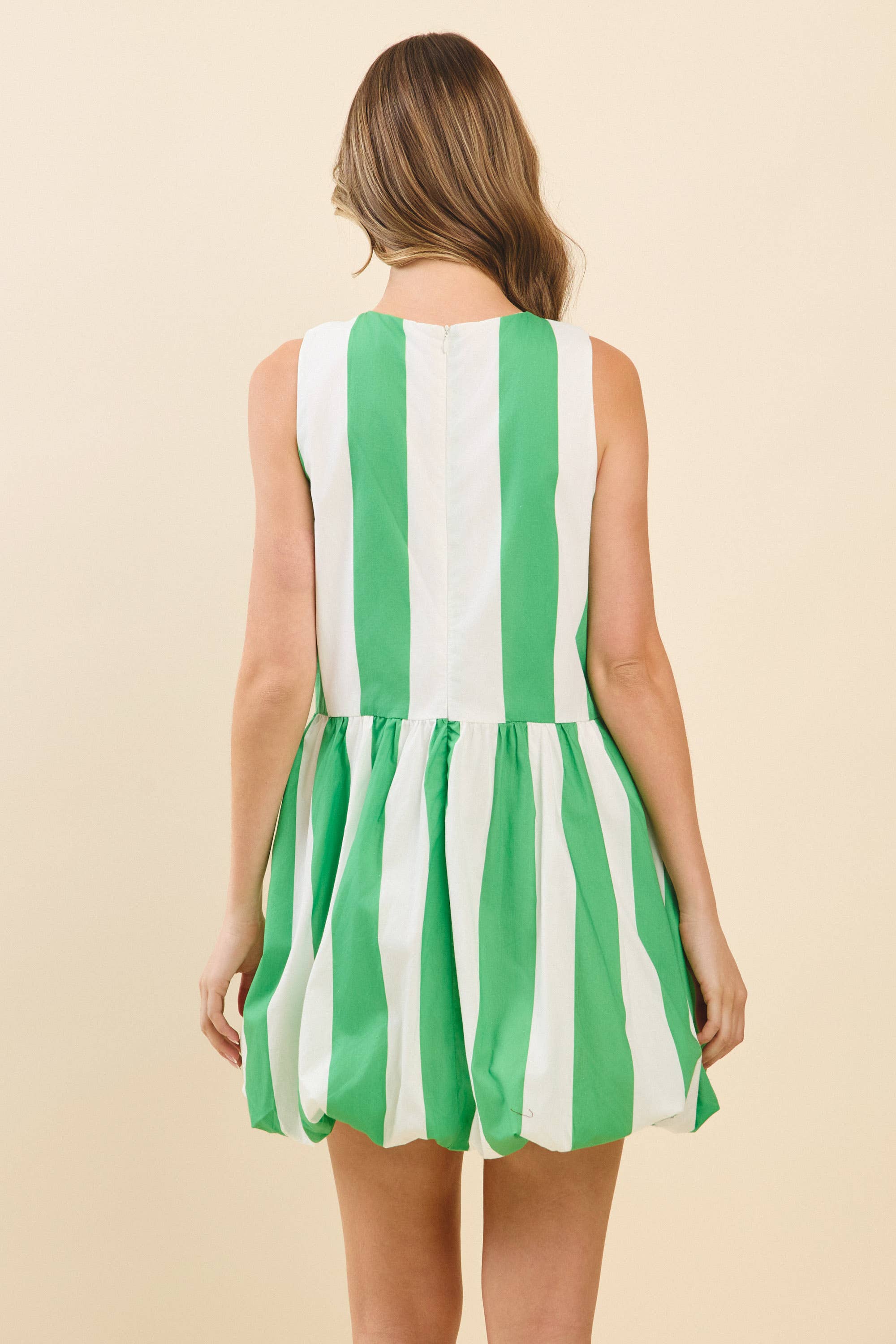 Bold Green Vertical Stripes Gathered Drop Waist Dress