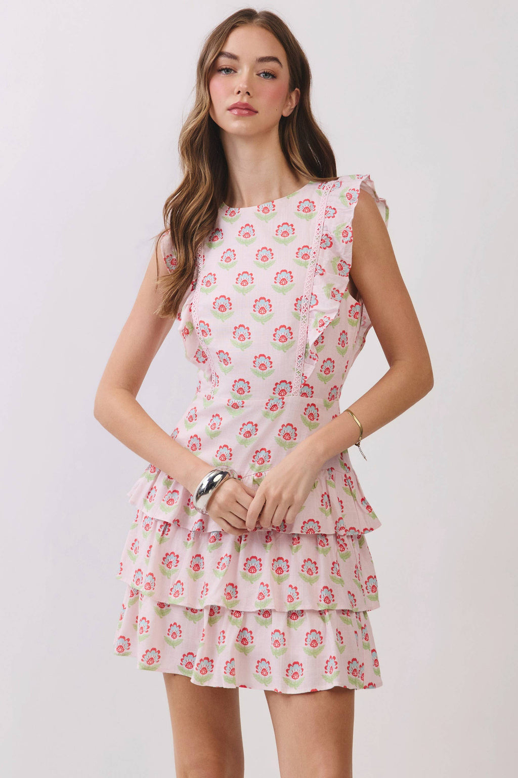 Floral Print Lace Trim Ruffle Tiered Mini Dress