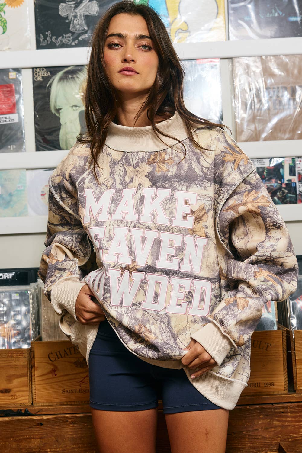 MAKE HEAVEN CROWDED| Camo Appliqué Sweatshirt