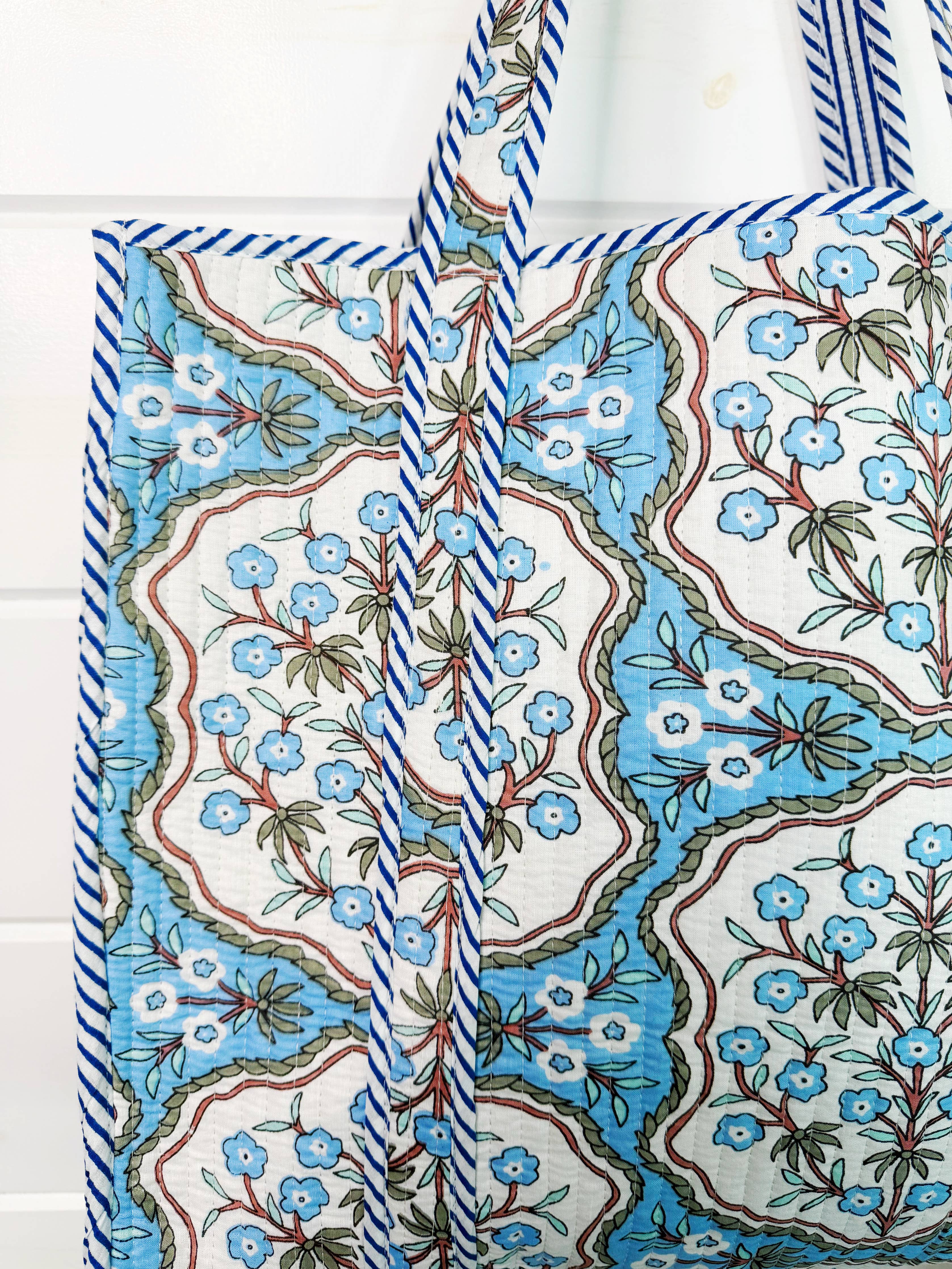 Tote Bags Quilted | Large Travel Tote | Blue Petals Print