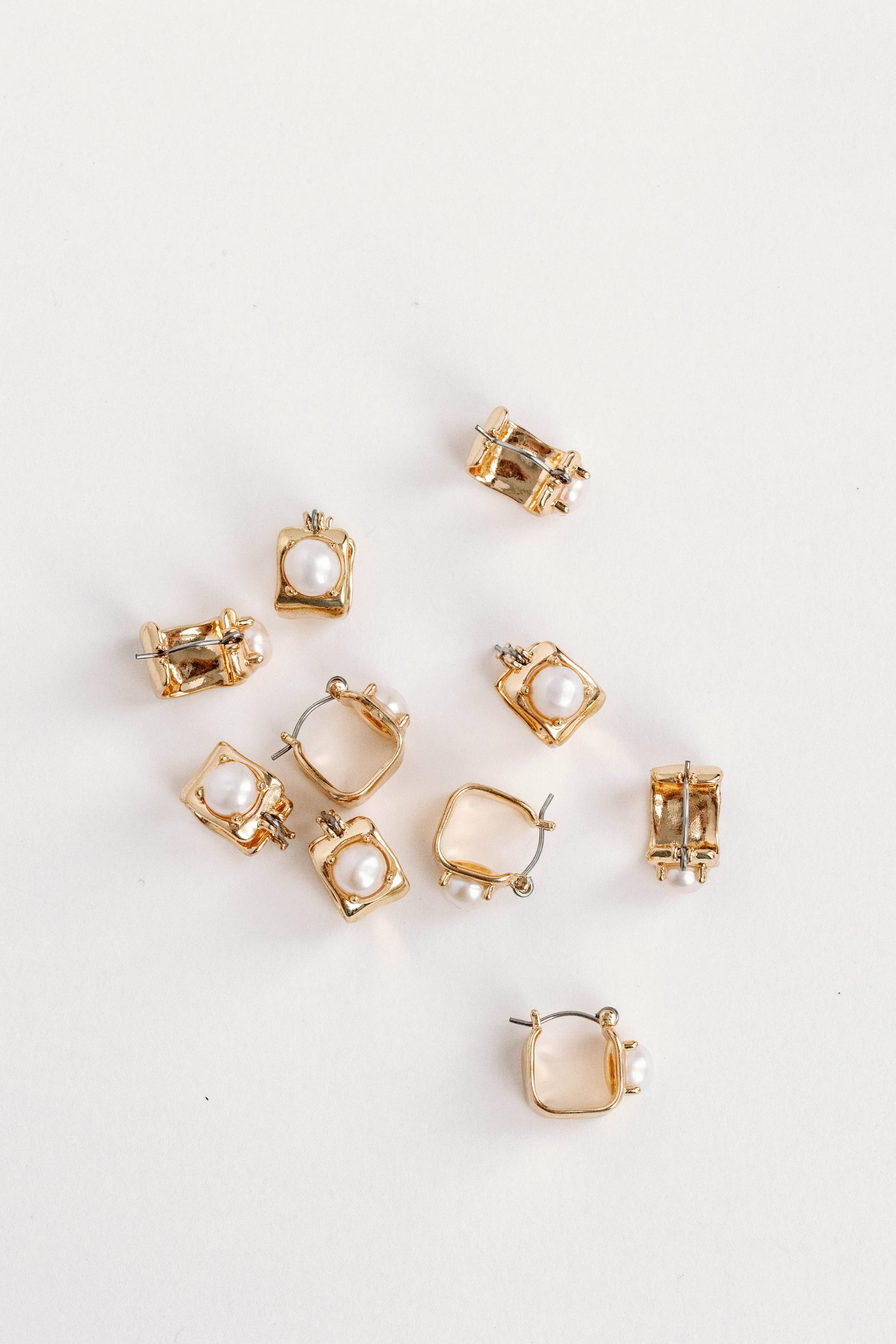 Vintage Mini Square Gold Pearl Huggie Hoop Earrings