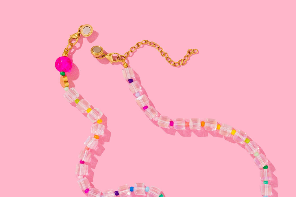 Janey Beaded Necklace | Marbled Turquoise Hearts + Pink