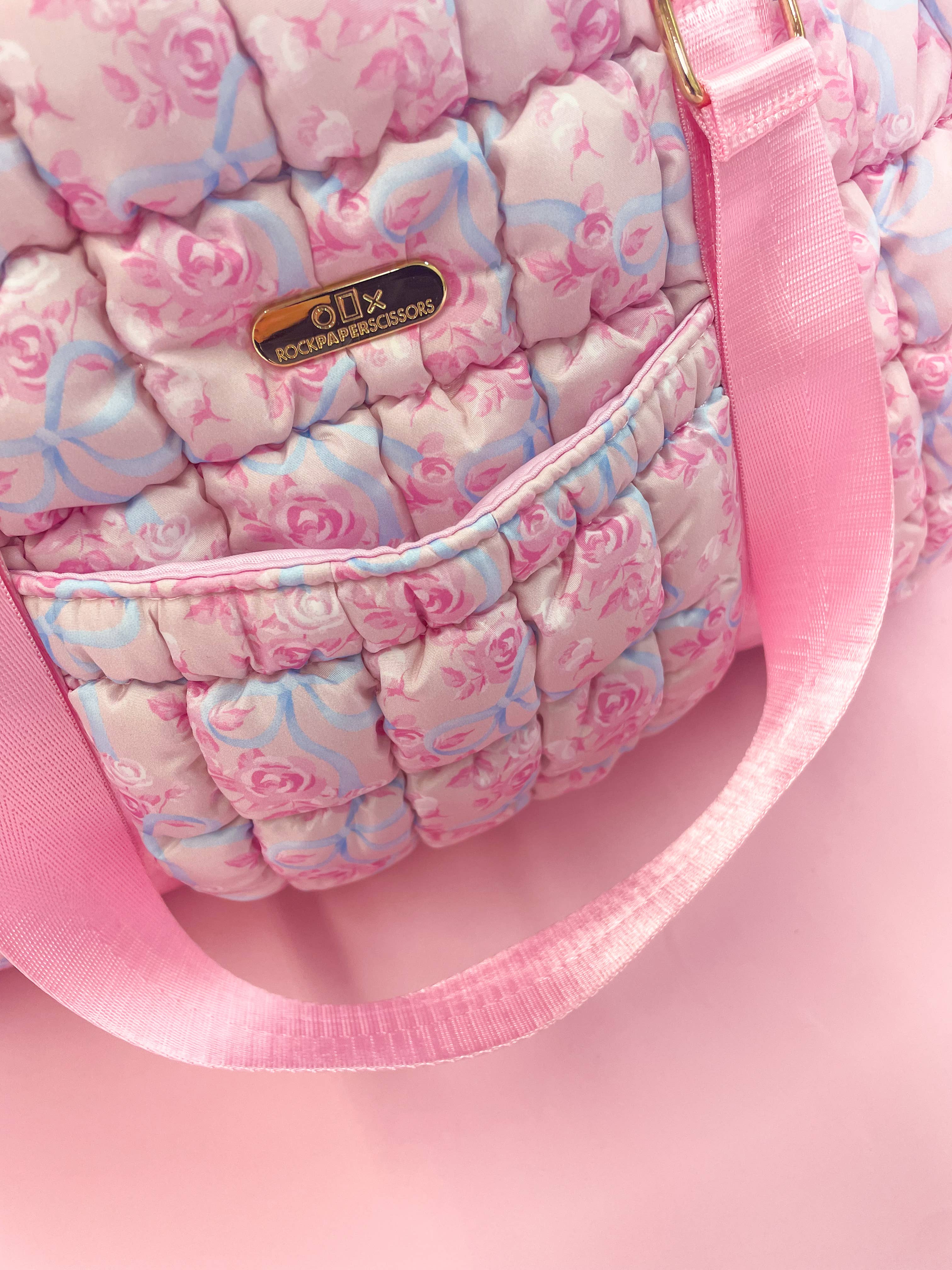 Watercolor Floral Bow Quilted Weekender Duffle Bag