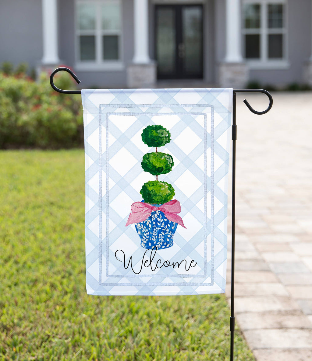 Spring Garden Flag - Welcome with Shrub Pink Bow: 12" x 18" - Double-Sided