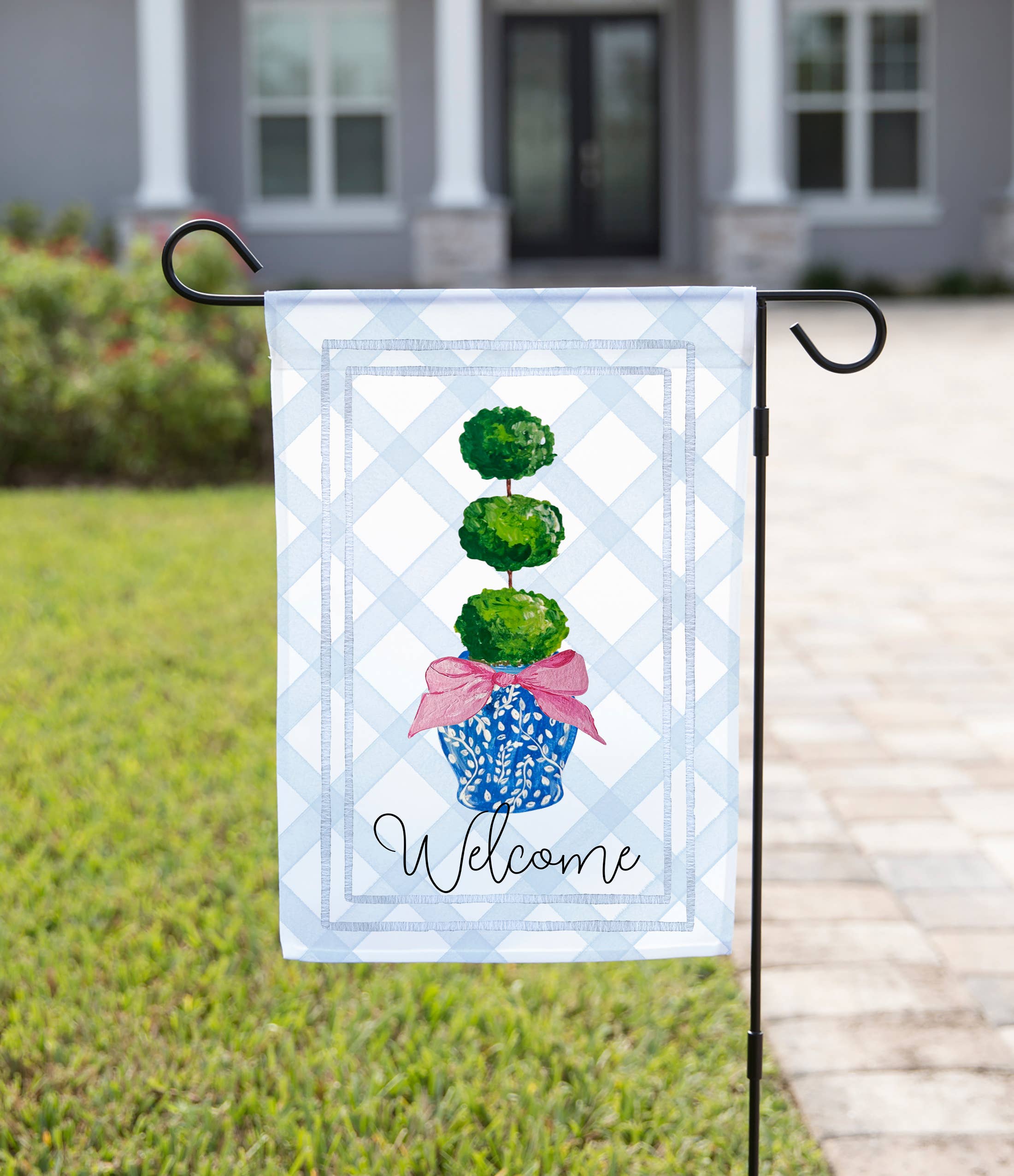 Spring Garden Flag - Welcome with Shrub Pink Bow: 12" x 18" - Double-Sided