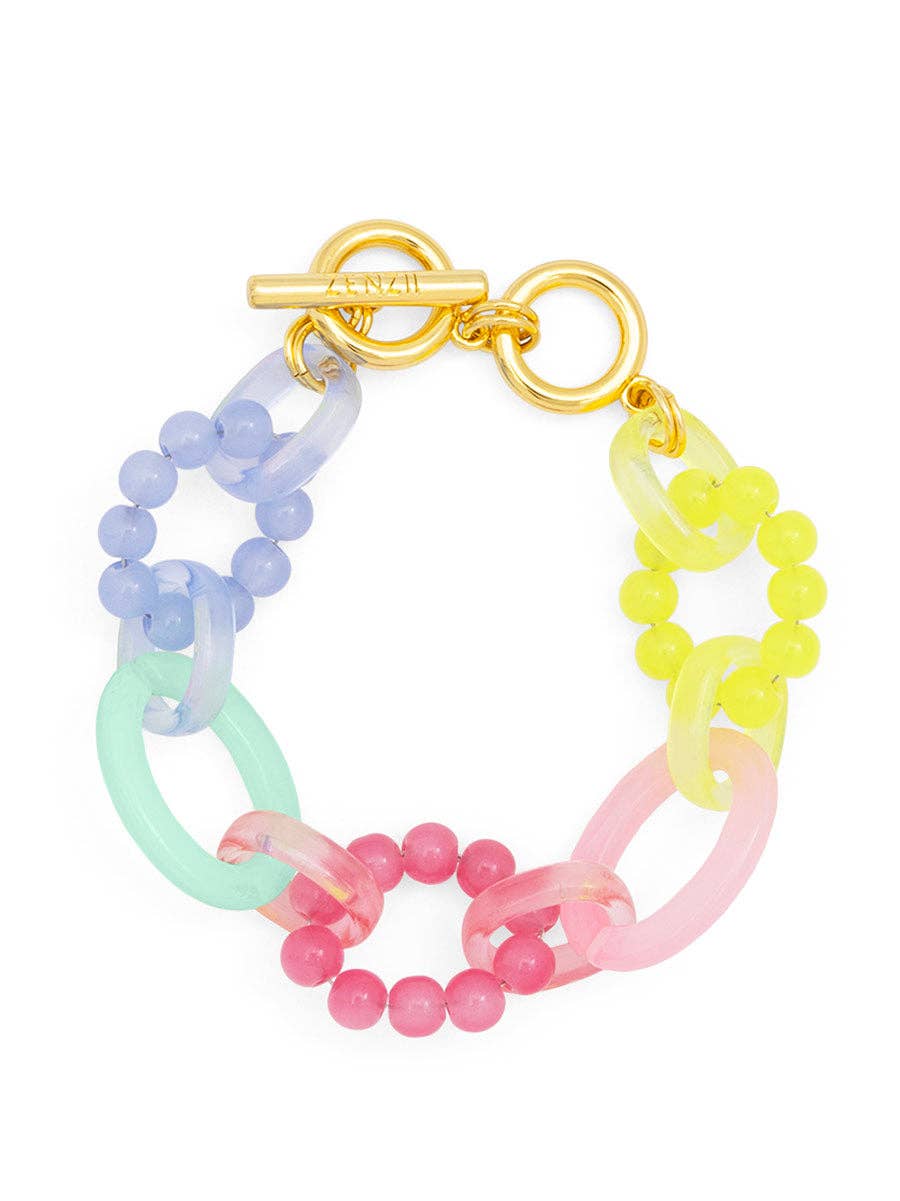 Glass Bead and Resin Link Toggle Bracelet / Rainbow