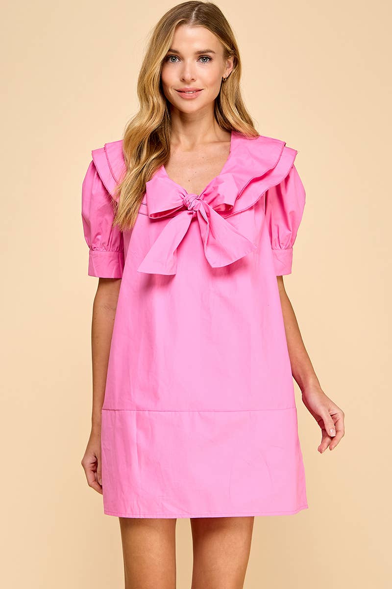 Wide Sailor Collar Front Bow Tie Shift Dress: HOT PINK